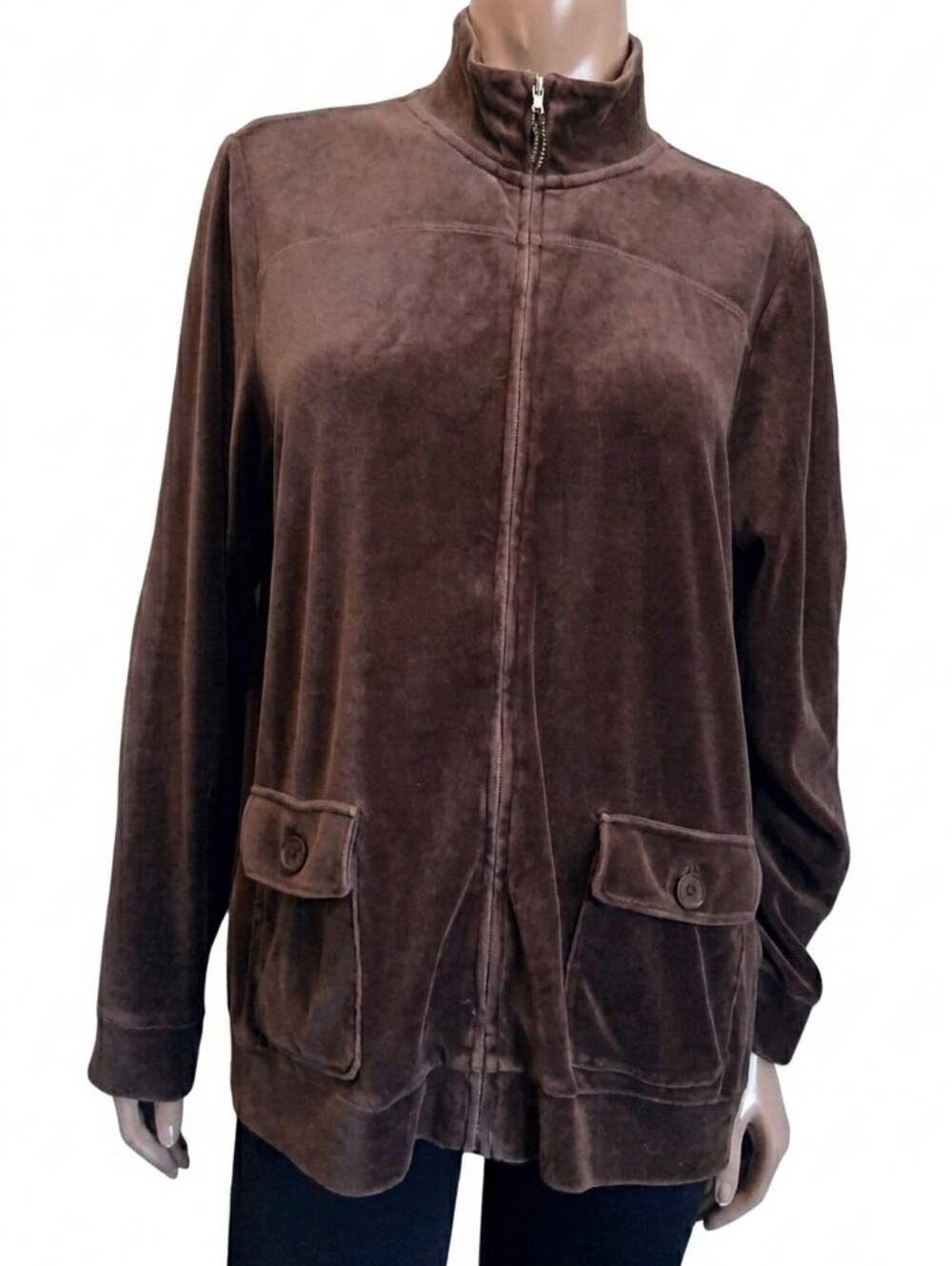 Lands End Velour Full Zip Jacket Sweatshirt Brown Fall Winter Size Large 14 16